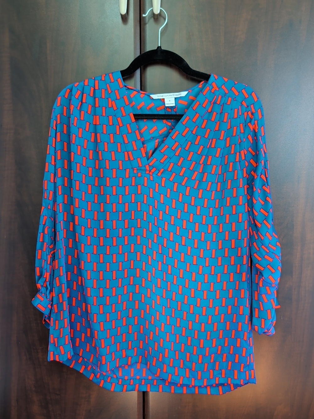 Diane Von Furstenberg Blue Blouse with Red Geometric Print
